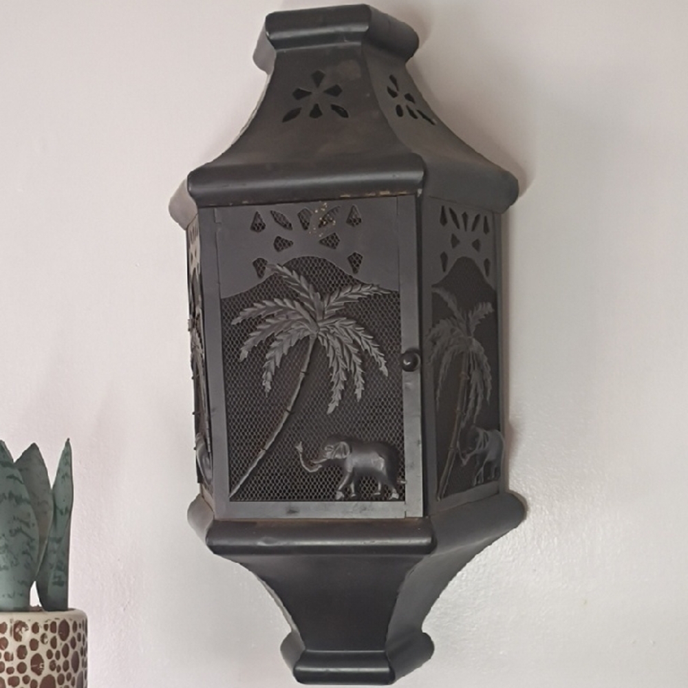 Wall Candle Holder Decorative Metal Lantern with Palm & Elephant Motif Black